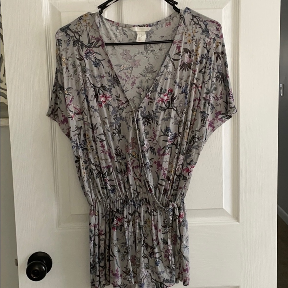 Grayish Purple floral wrap blouse.
